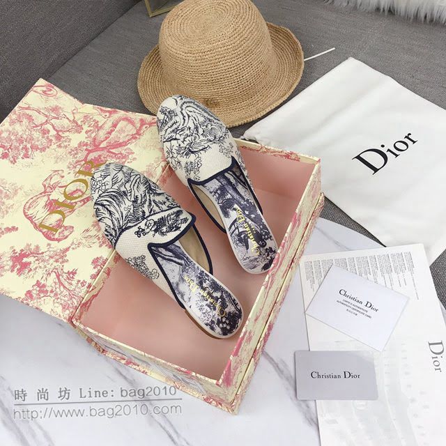 DIOR女鞋 迪奧BABY-D圓頭拖鞋 Dior帆布電腦刺繡平底鞋  naq1347